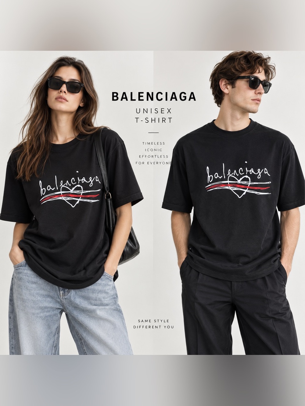 Balenciaga Black Logo Heart Graphic T-Shirt with Red & White Accents